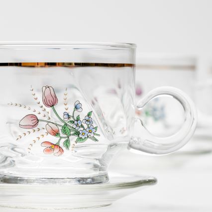 Set 6x glazen kop met schotel doorzichtig boeket Nr. 5