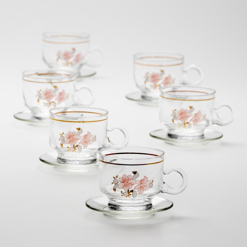 Set 6x glazen kop met schotel doorzichtig boeket nr. 6