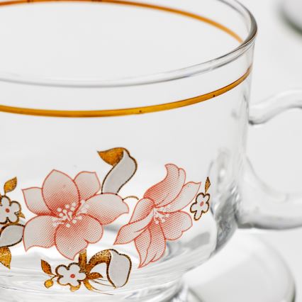 Set 6x glazen kop met schotel doorzichtig boeket nr. 6