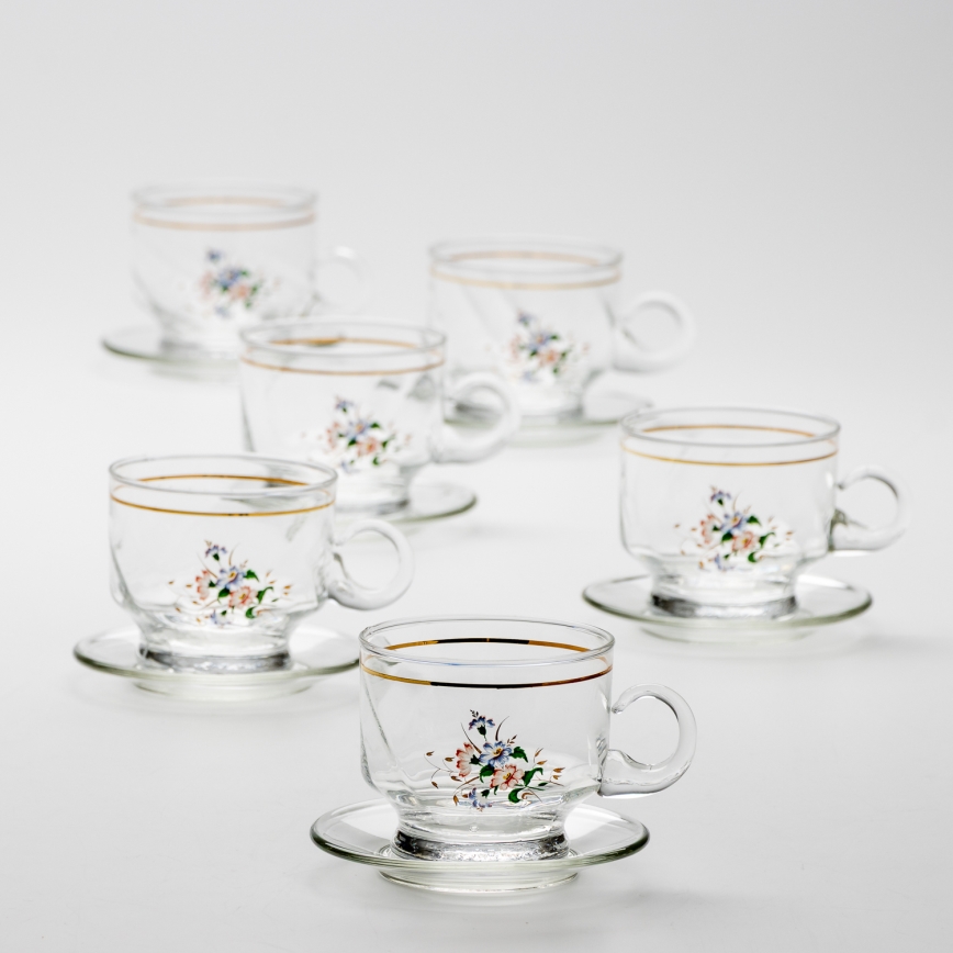 Set 6x glazen kop met schotel doorzichtig boeket nr. 8