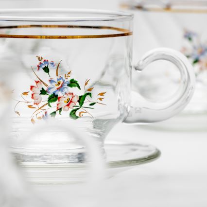 Set 6x glazen kop met schotel doorzichtig boeket nr. 8