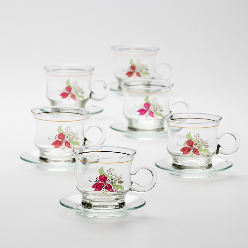 Set 6x glazen kop met schotel doorzichtig boeket nr. 9
