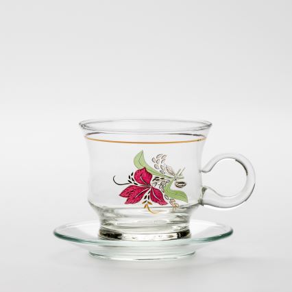 Set 6x glazen kop met schotel doorzichtig boeket nr. 9