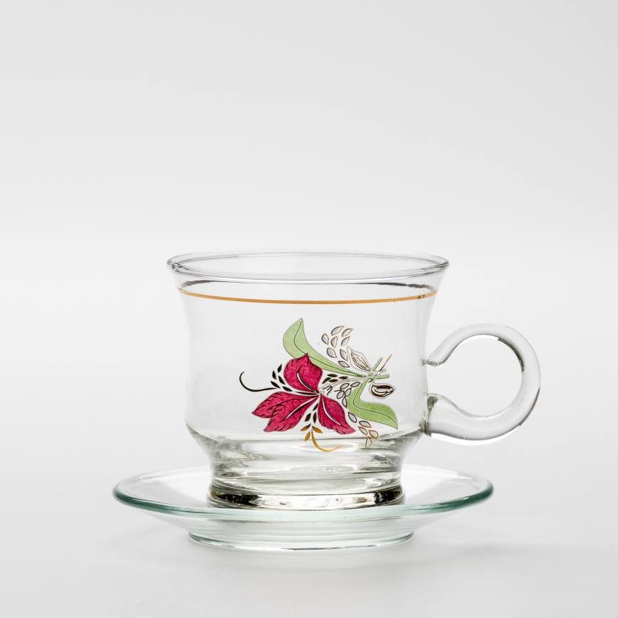 Set 6x glazen kop met schotel doorzichtig boeket nr. 9