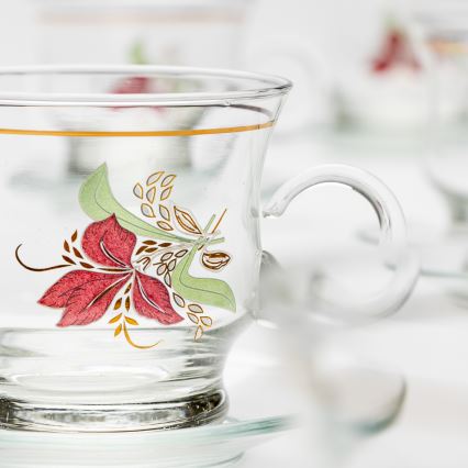 Set 6x glazen kop met schotel doorzichtig boeket nr. 9
