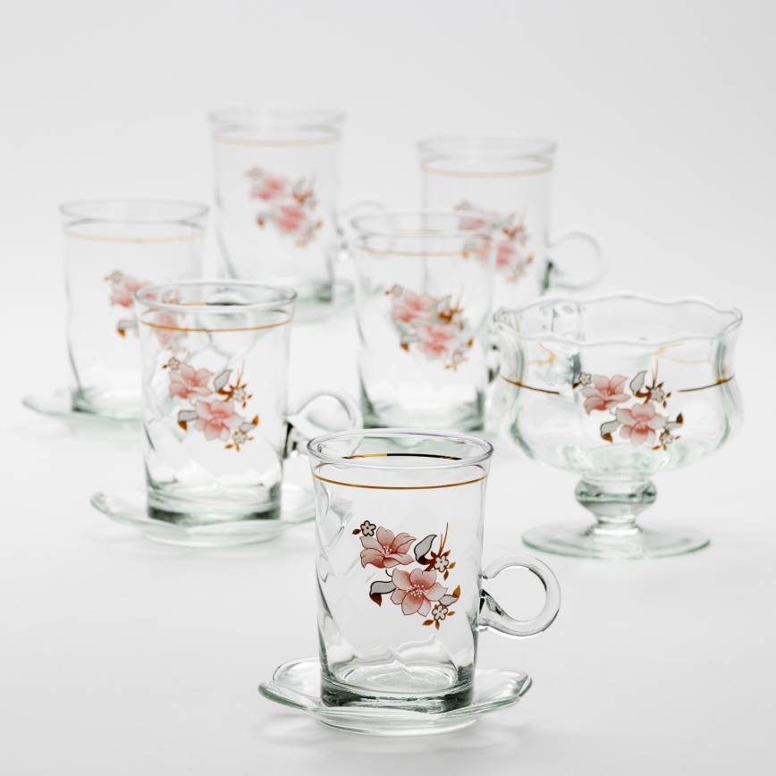 Set 6x glazen kop met schotel en 1x suiker kom doorzichtig boeket nr. 2