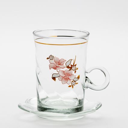Set 6x glazen kop met schotel en 1x suiker kom doorzichtig boeket nr. 2