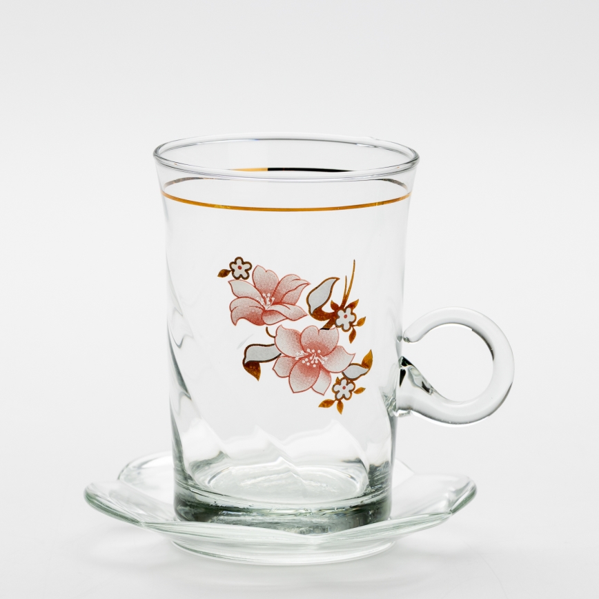 Set 6x glazen kop met schotel en 1x suiker kom doorzichtig boeket nr. 2