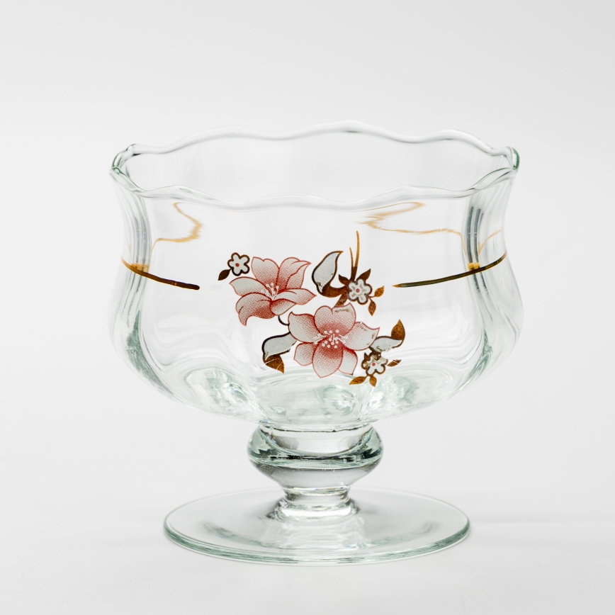 Set 6x glazen kop met schotel en 1x suiker kom doorzichtig boeket nr. 2
