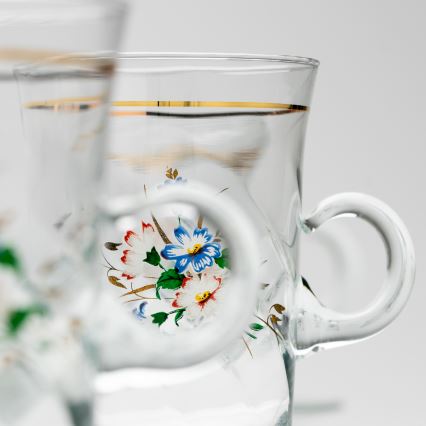 Set 6x glazen kop met schotel en 1x suiker kom doorzichtig boeket nr. 3