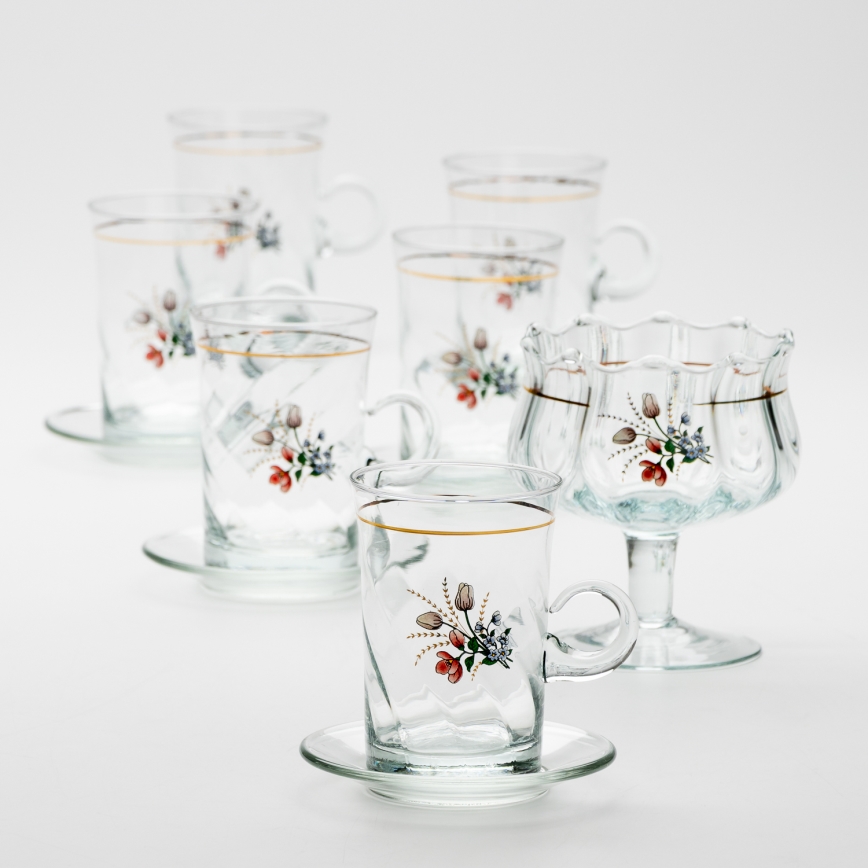 Set 6x glazen kop met schotel en 1x suiker kom doorzichtig boeket Nr. 4
