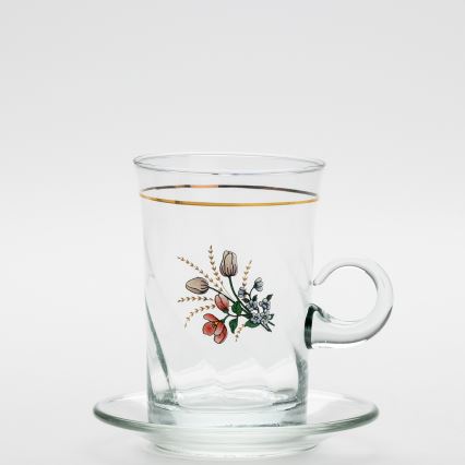 Set 6x glazen kop met schotel en 1x suiker kom doorzichtig boeket Nr. 4