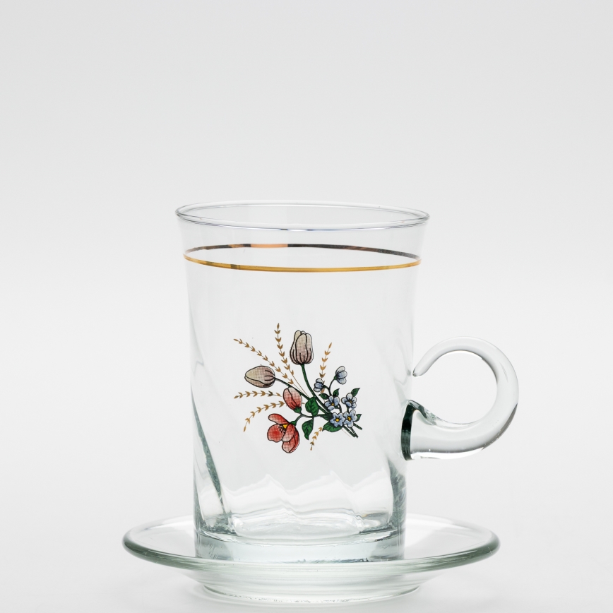 Set 6x glazen kop met schotel en 1x suiker kom doorzichtig boeket Nr. 4