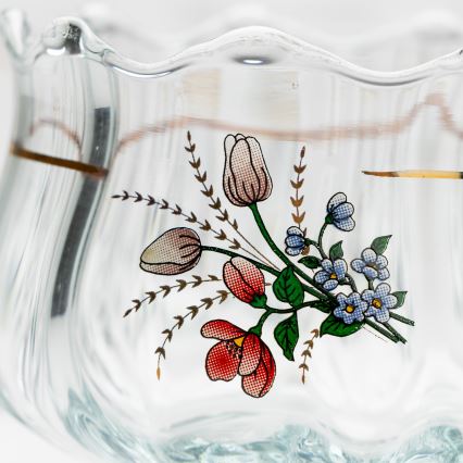 Set 6x glazen kop met schotel en 1x suiker kom doorzichtig boeket Nr. 4