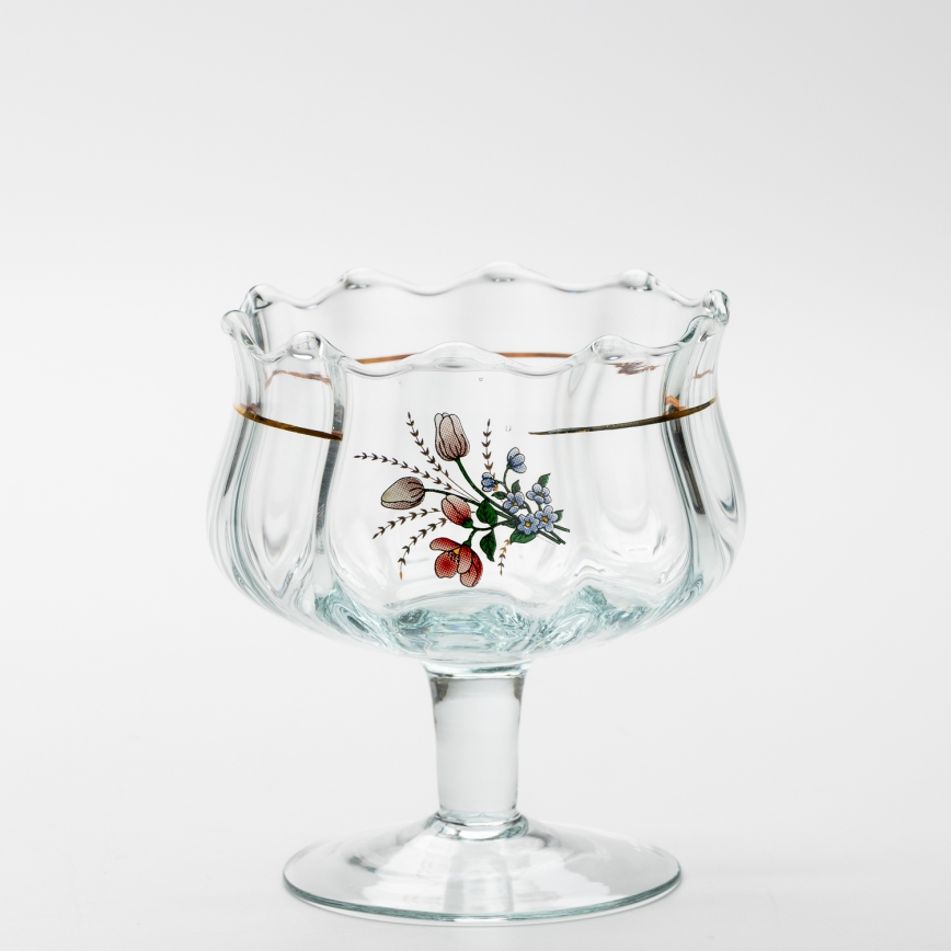 Set 6x glazen kop met schotel en 1x suiker kom doorzichtig boeket Nr. 4