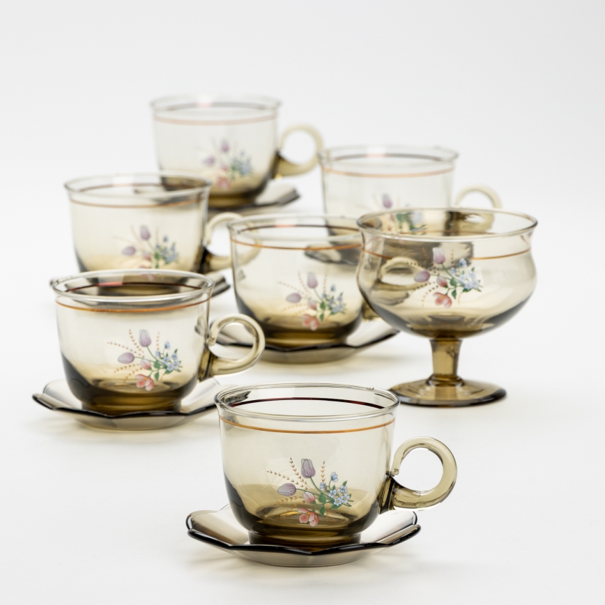 Set 6x glazen kop met schotel en 1x suiker kom gerookt boeket nr. 2