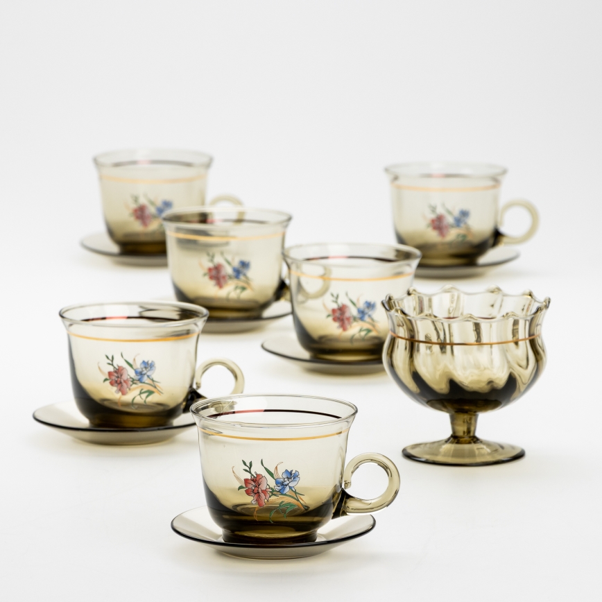 Set 6x glazen kop met schotel en 1x suiker kom gerookt boeket nr. 3