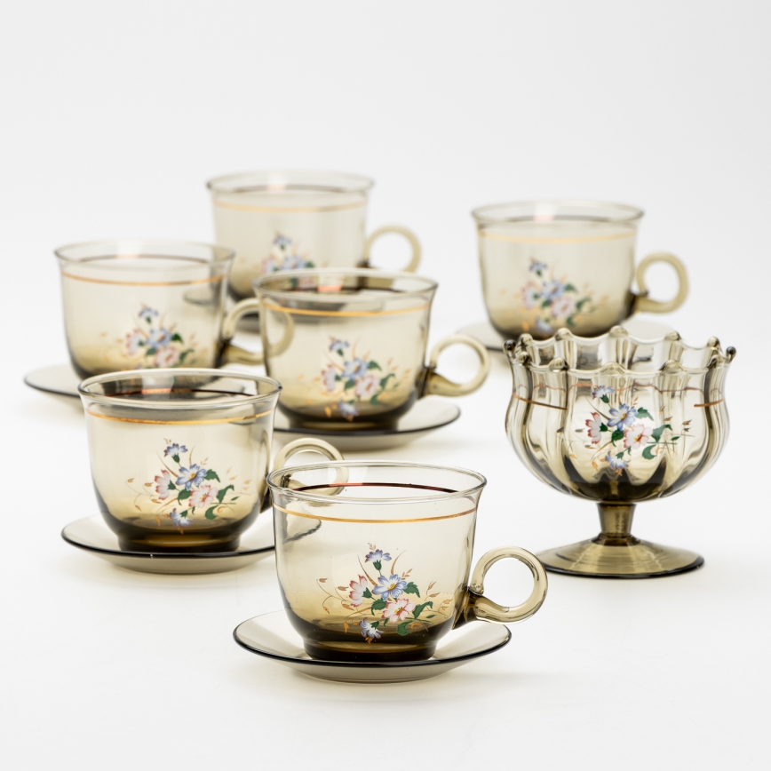 Set 6x glazen kop met schotel en 1x suiker kom gerookt boeket nr. 3