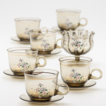 Set 6x glazen kop met schotel en 1x suiker kom gerookt boeket Nr. 4