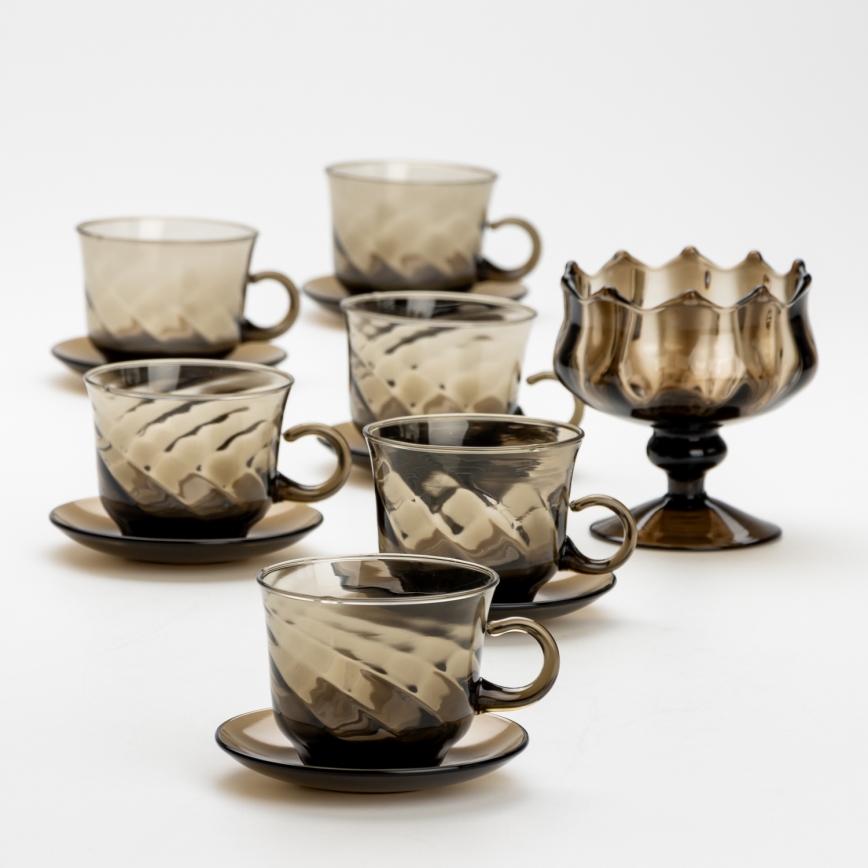 Set 6x glazen kop met schotel en 1x suiker kom gerookt