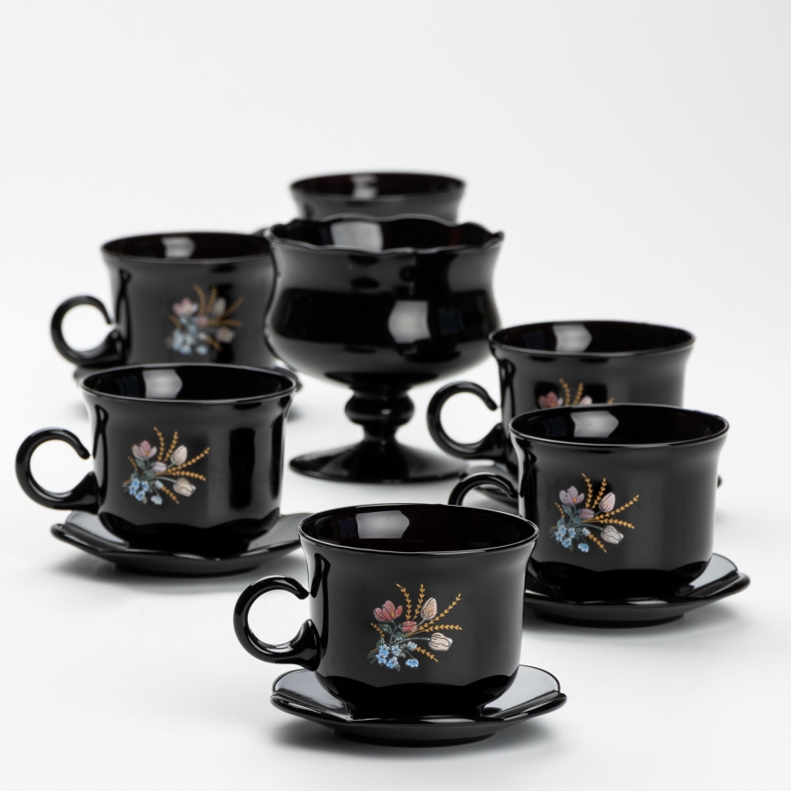 Set 6x glazen kop met schotel en 1x suiker kom zwart boeket nr. 1
