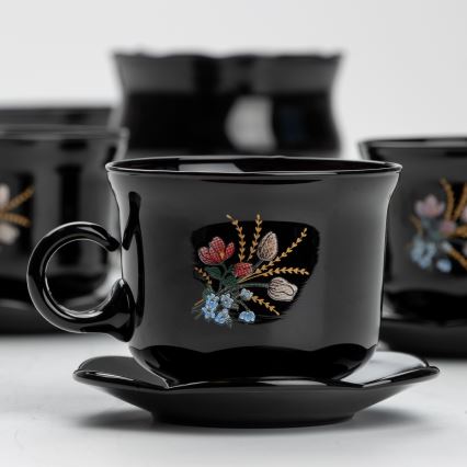 Set 6x glazen kop met schotel en 1x suiker kom zwart boeket nr. 1