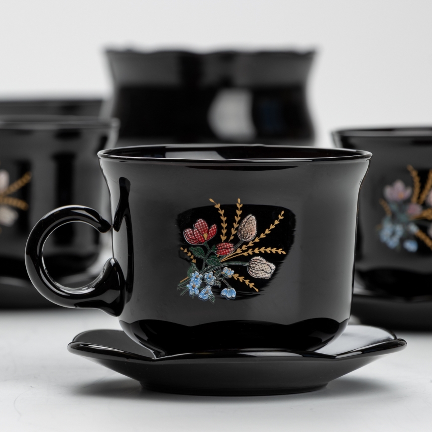 Set 6x glazen kop met schotel en 1x suiker kom zwart boeket nr. 1
