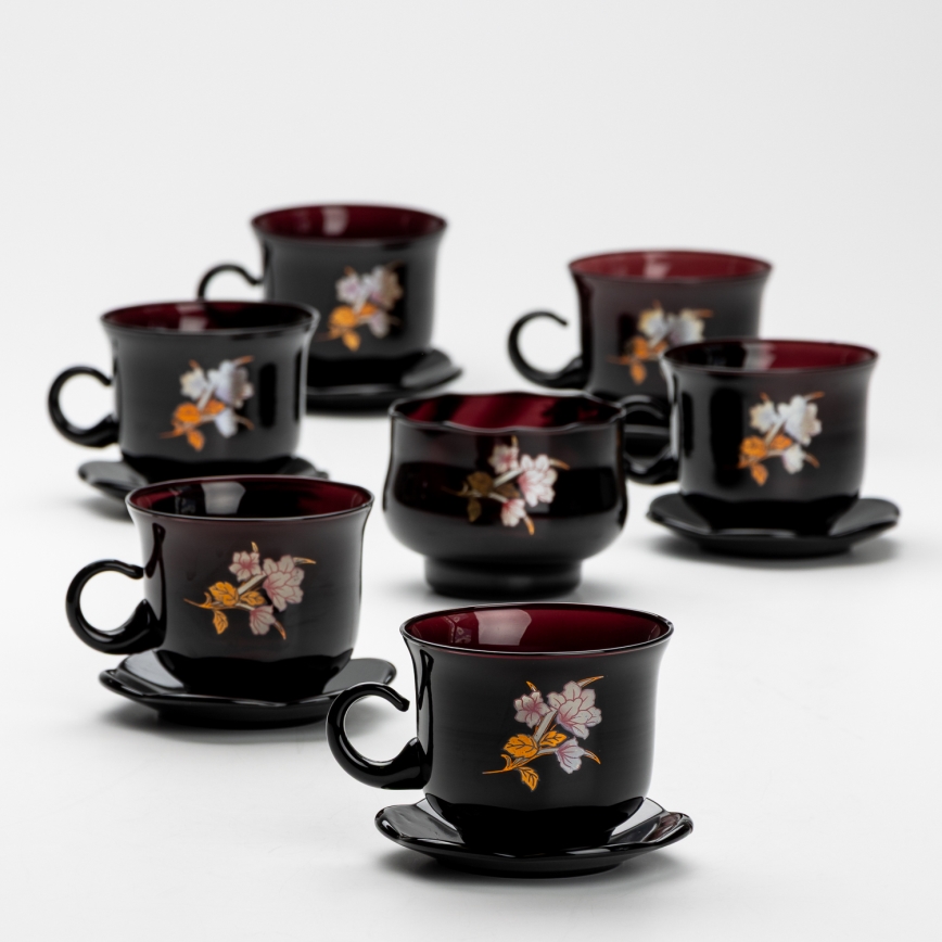 Set 6x glazen kop met schotel en 1x suiker kom zwart boeket nr. 3