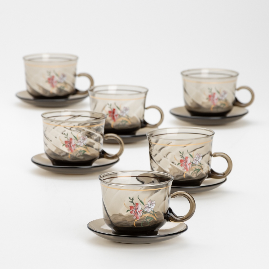Set 6x glazen kop met schotel gerookt boeket nr. 3