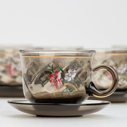 Set 6x glazen kop met schotel gerookt boeket nr. 3