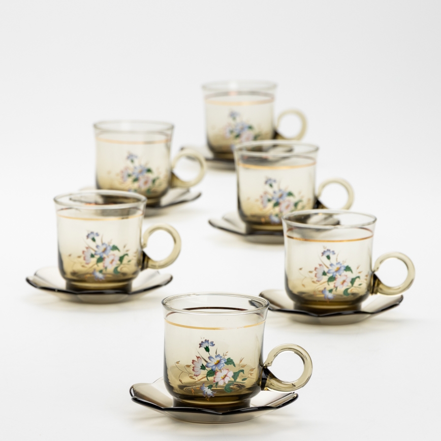 Set 6x glazen kop met schotel gerookt boeket Nr. 5