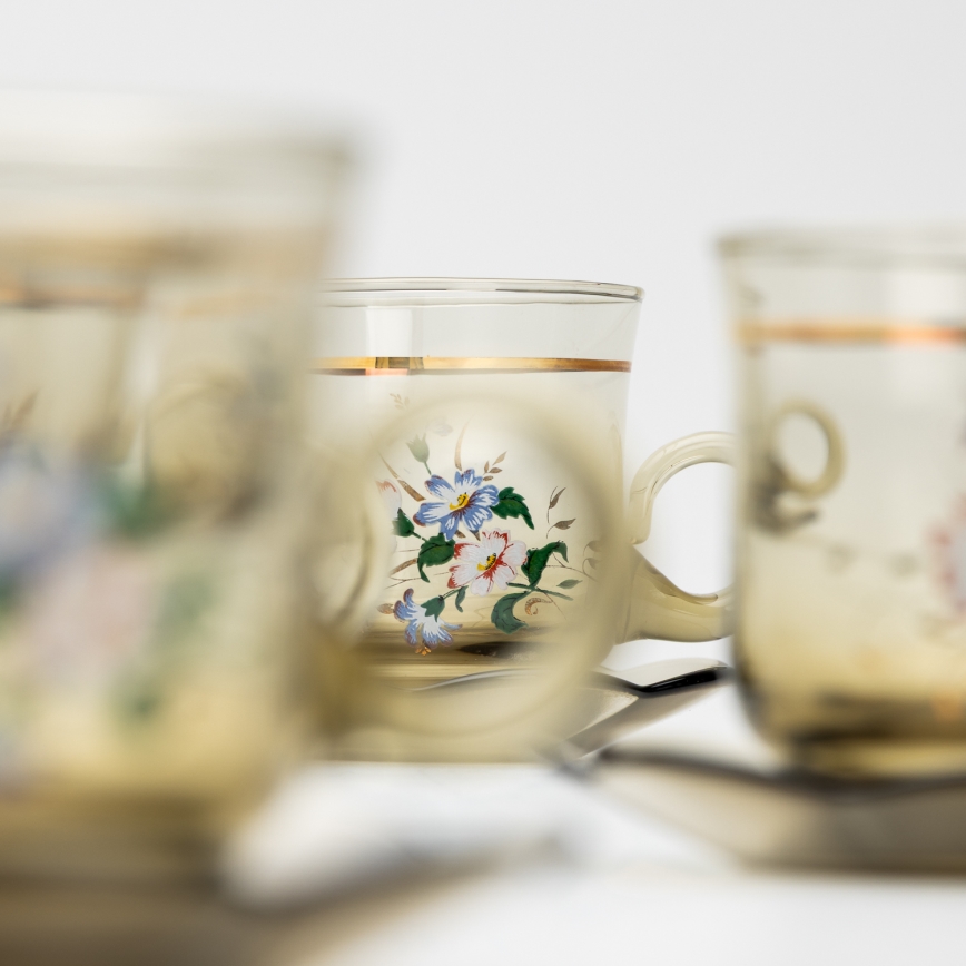 Set 6x glazen kop met schotel gerookt boeket Nr. 5