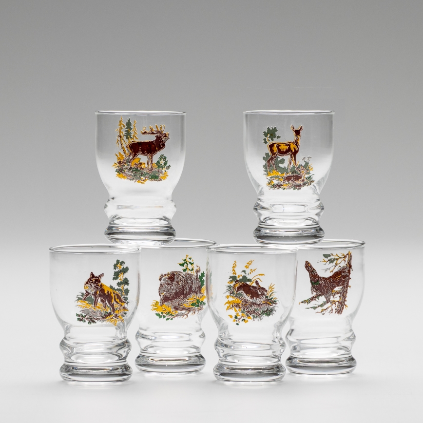 Set 6x likeur glas doorzichtig - jachtmotief