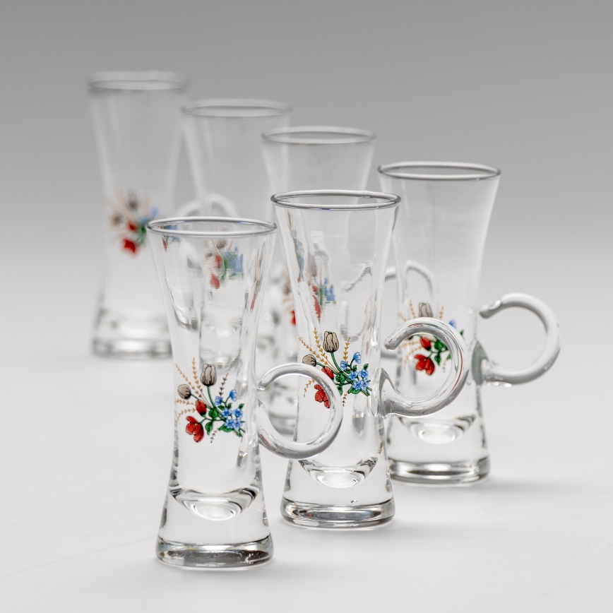 Set 6x likeurglas met handvat doorzichtig met een boeketmotief nr. 5