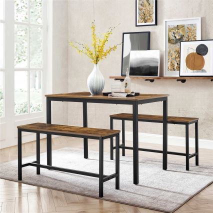 SET Bartafel 110x70 cm + 2x bankjes 97x30 cm TREVOR bruin/zwart