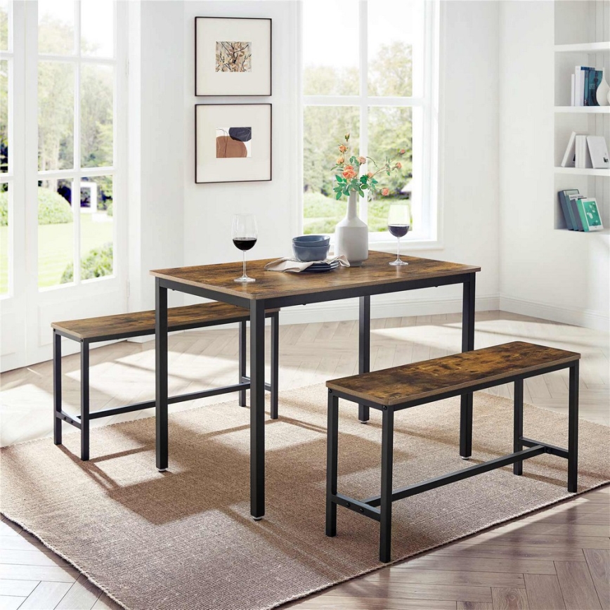 SET Bartafel 110x70 cm + 2x bankjes 97x30 cm TREVOR bruin/zwart