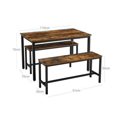 SET Bartafel 110x70 cm + 2x bankjes 97x30 cm TREVOR bruin/zwart