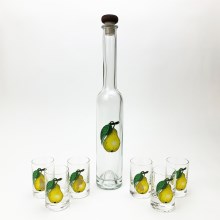 Set Platin 1x glas bottle en 6x shotglas doorzichtig met perenmotief