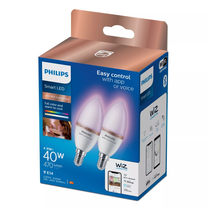 SET 2x dimbare RGB-LED-lamp Philips SMART C37 E14/4,9W/230V 2200-6500K CRI 90