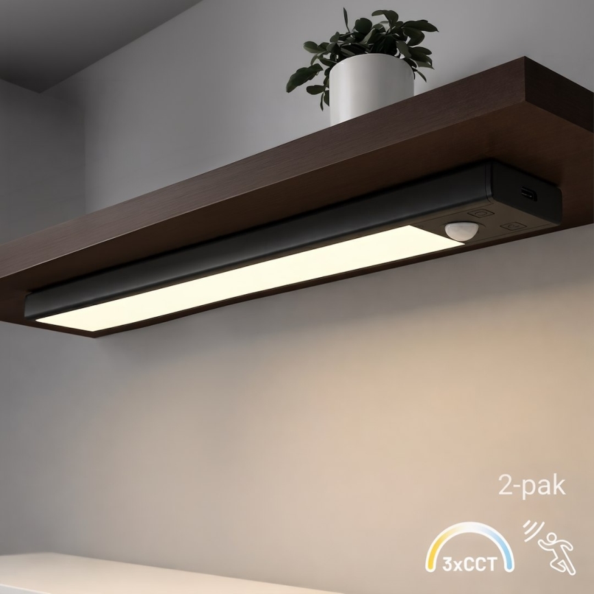 Set van 2 oplaadbare LED-meubelverlichtingen met bewegings- en schemersensor VIRO LED/1,2W/3,7V 800 mAh 3000/4000/6500K 30 cm zwart