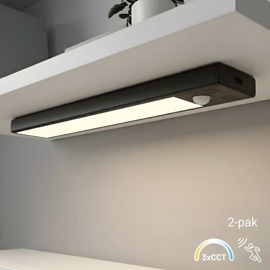 Set van 2 oplaadbare meubelverlichting met bewegings- en schemersensor VIRO LED/1W/3,7V 800 mAh 3000/4000/6500K 20 cm zwart