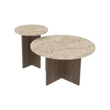 Set van 2 salontafels PURO Ø 40/70 cm notenhout/travertijn