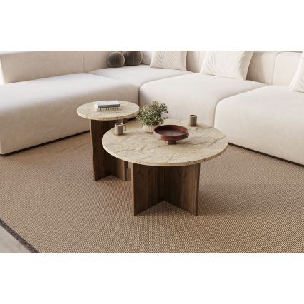 Set van 2 salontafels PURO Ø 40/70 cm notenhout/travertijn