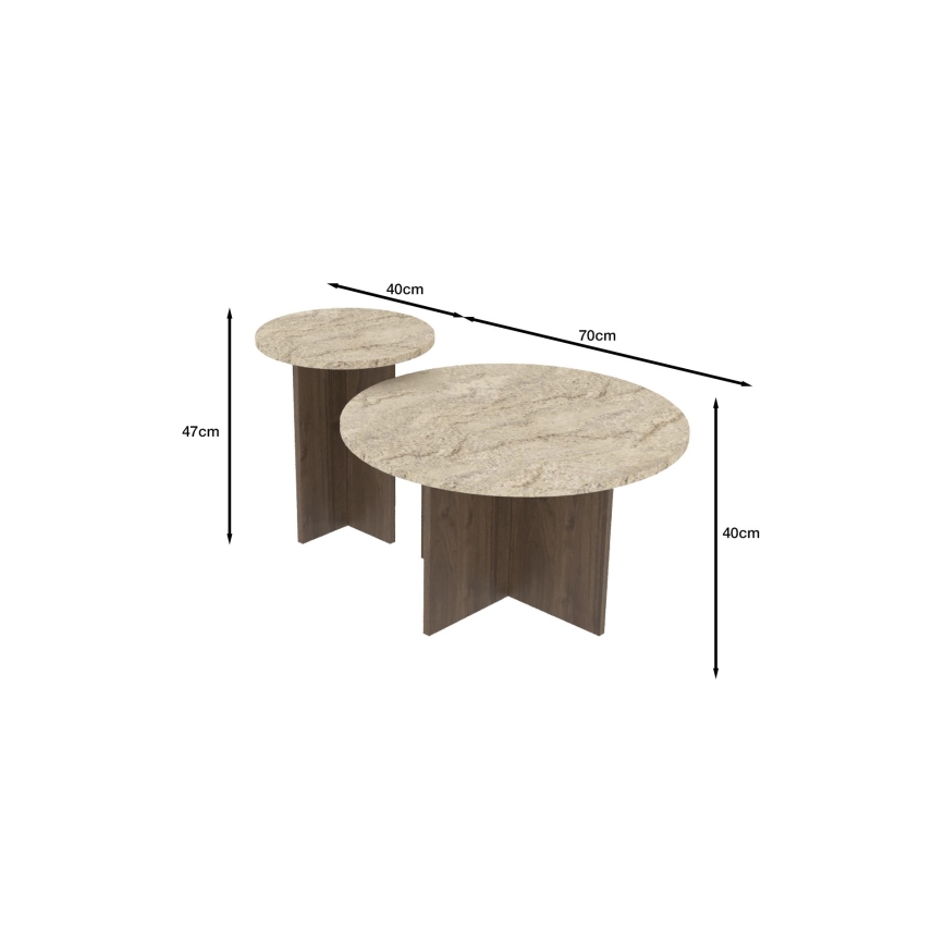 Set van 2 salontafels PURO Ø 40/70 cm notenhout/travertijn