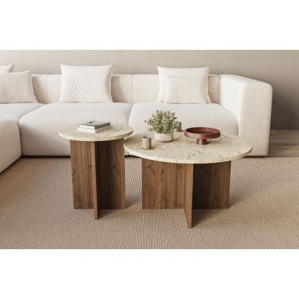 Set van 2 salontafels PURO, Ø 40/70 cm, walnoot/beige