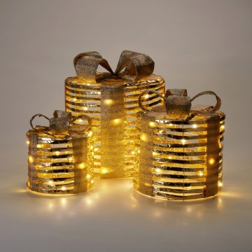 SET van 3 LED-kerstdecoraties 20xLED/2xAA + 30xLED/3xAA + 40xLED/3xAA warm wit cadeaus/goud