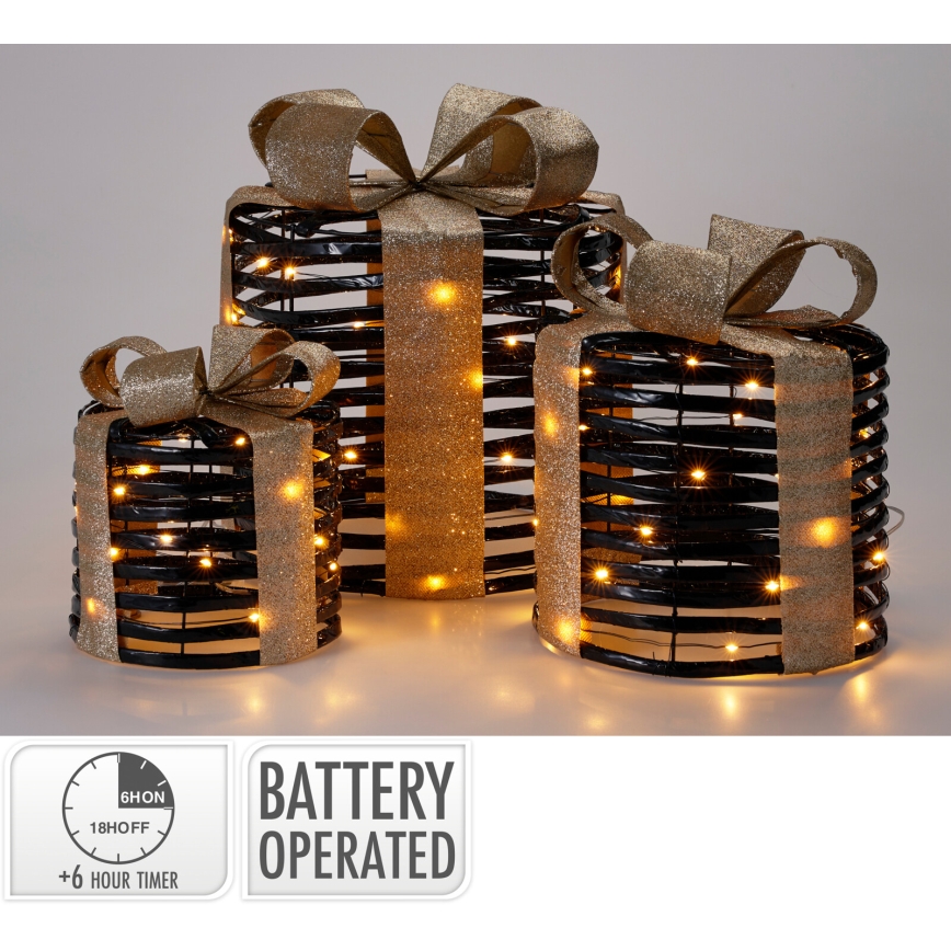 SET 3x LED kerstdecoratie 20xLED/2xAA + 30xLED/3xAA + 40xLED/3xAA warm wit cadeaus/zwart