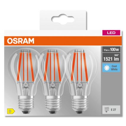 Set van 3 LED-lampen BASE CLASSIC FILAMENT A60 E27/11W/230V 4000K - Osram
