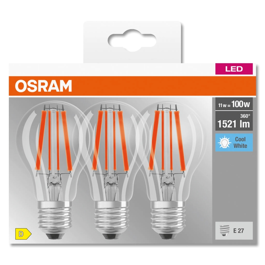 Set van 3 LED-lampen BASE CLASSIC FILAMENT A60 E27/11W/230V 4000K - Osram