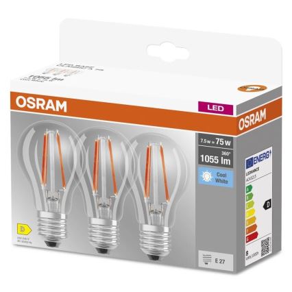 Set van 3 LED-lampen BASE CLASSIC FILAMENT A60 E27/7,5W/230V 4000K - Osram